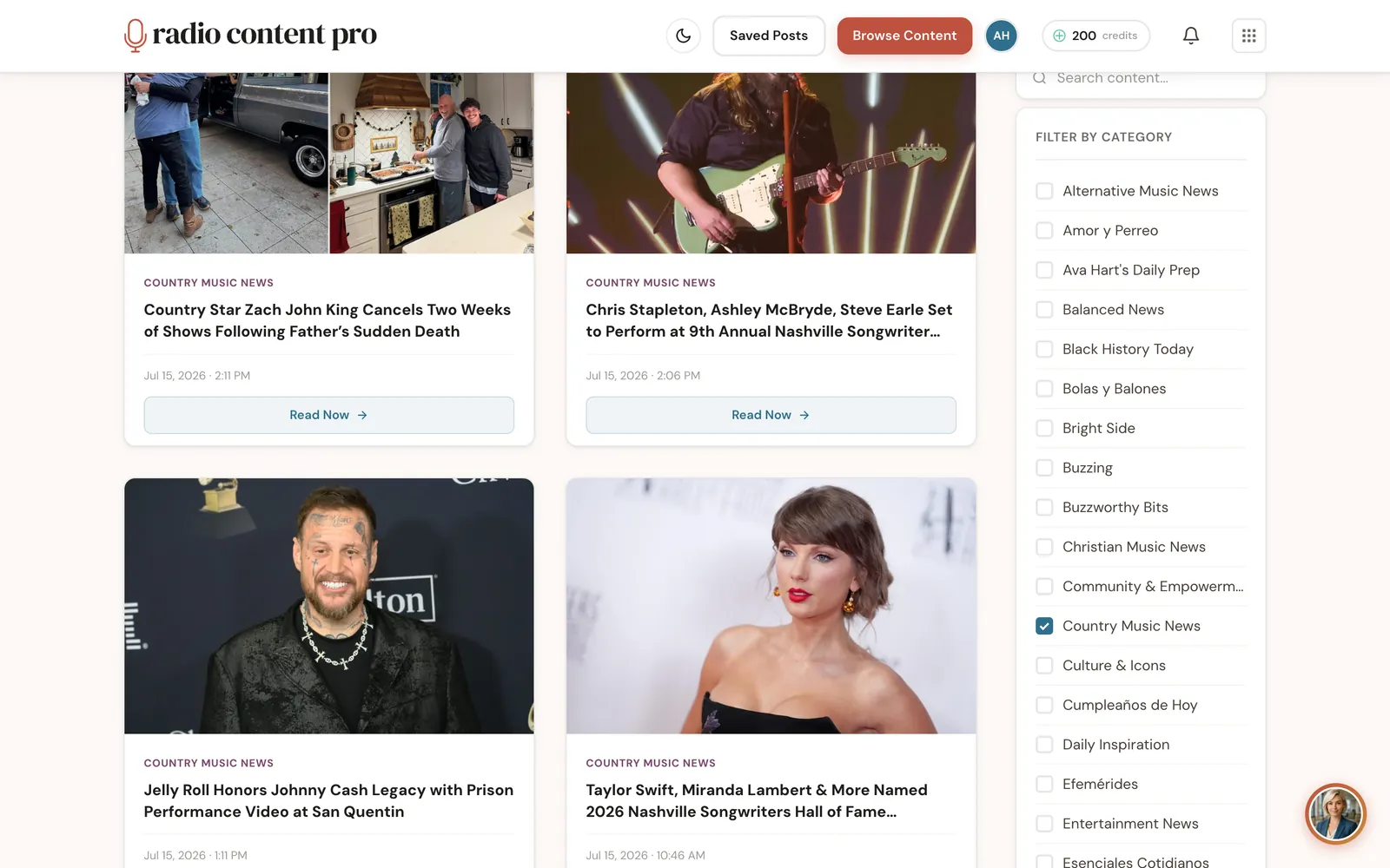 The Radio Content Pro browse feed: AI-curated country music stories, each labeled by category, with a search and category filter for your format.