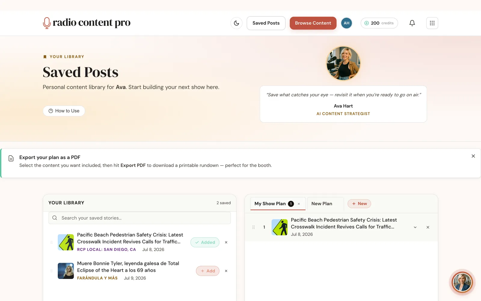 The Radio Content Pro Show Builder: a saved-posts library beside a drag-to-reorder show plan you can export as a printable PDF rundown.