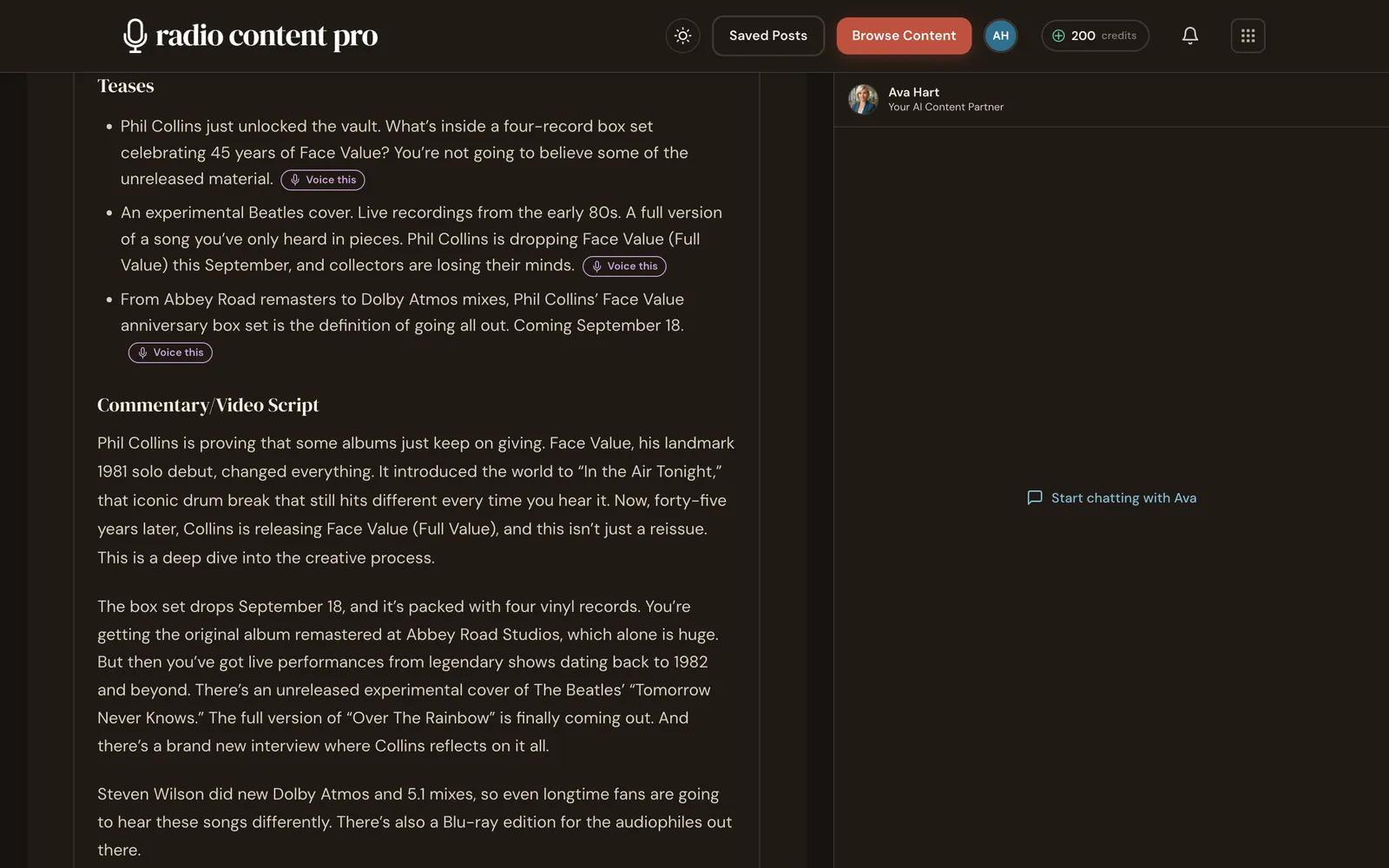 A Radio Content Pro story reformatted for on air: teases and scripts ready to voice, with the Ava chat assistant alongside.