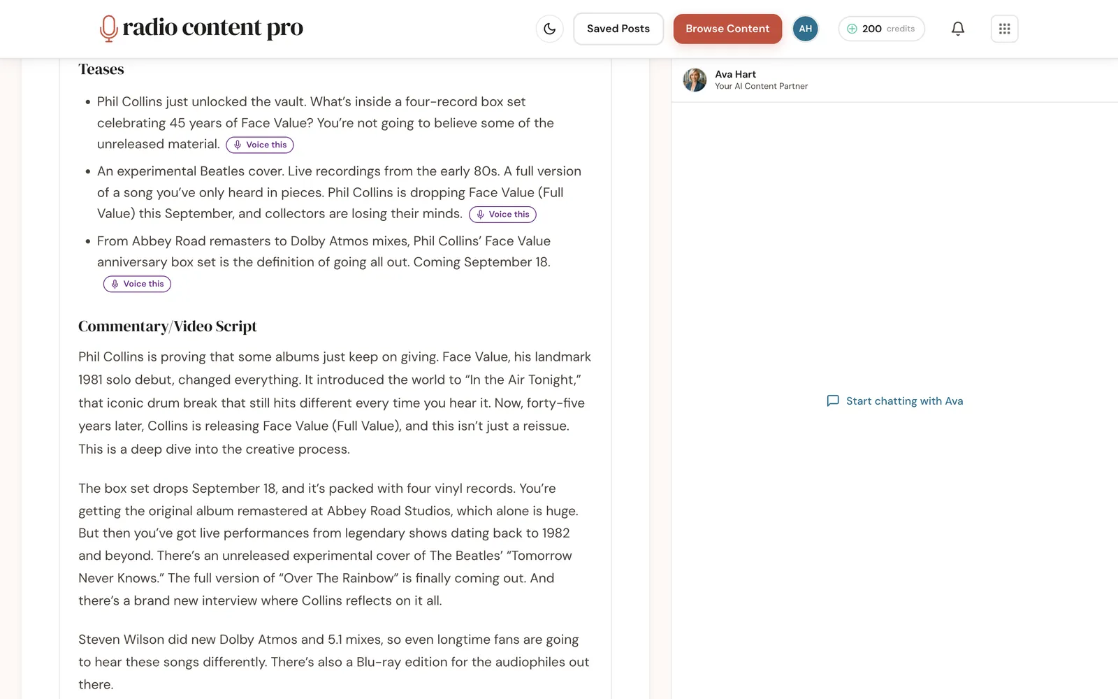 A Radio Content Pro story reformatted for on air: teases and scripts ready to voice, with the Ava chat assistant alongside.