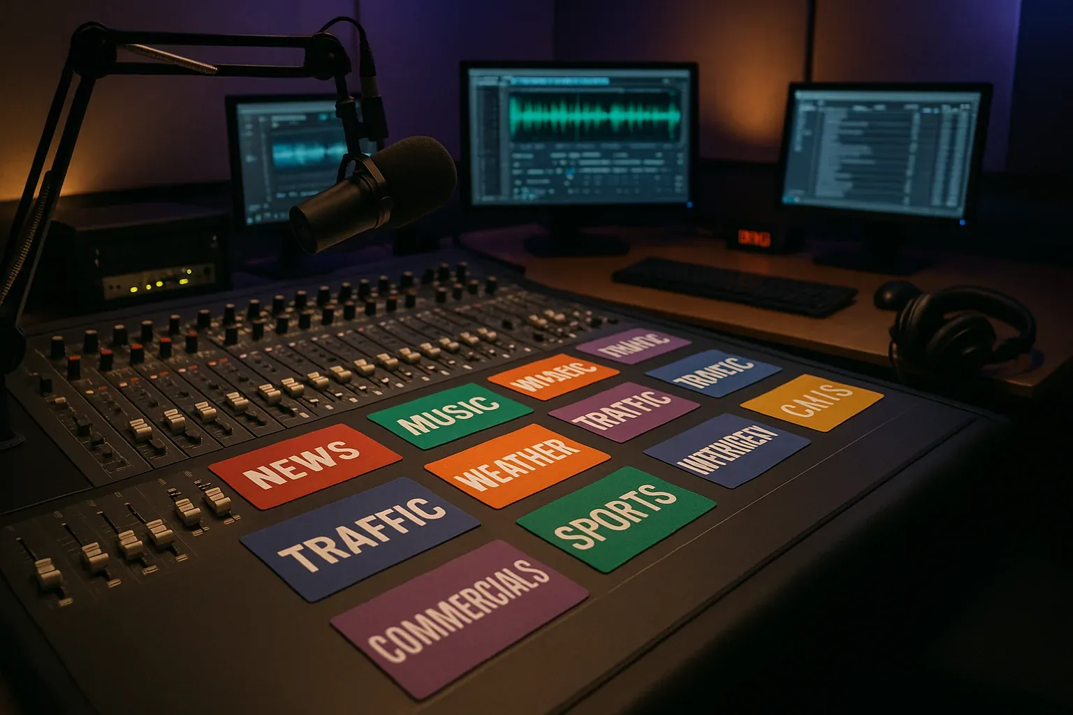Radio host reviewing a content calendar at a professional broadcast desk with microphone and headphones ready