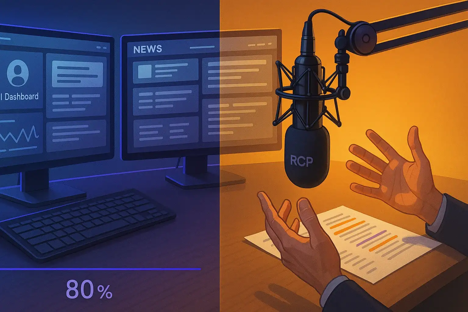Modern radio studio desk split visually showing automated content systems on the left and vibrant personality-driven content creation on the right