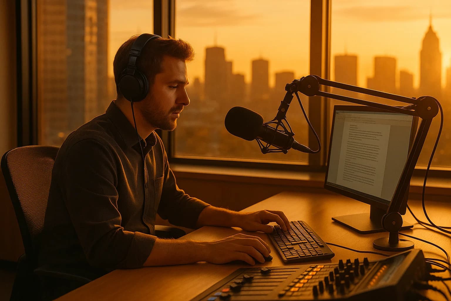 Radio host preparing afternoon drive content at a broadcast studio desk with city skyline visible through the window during golden hour