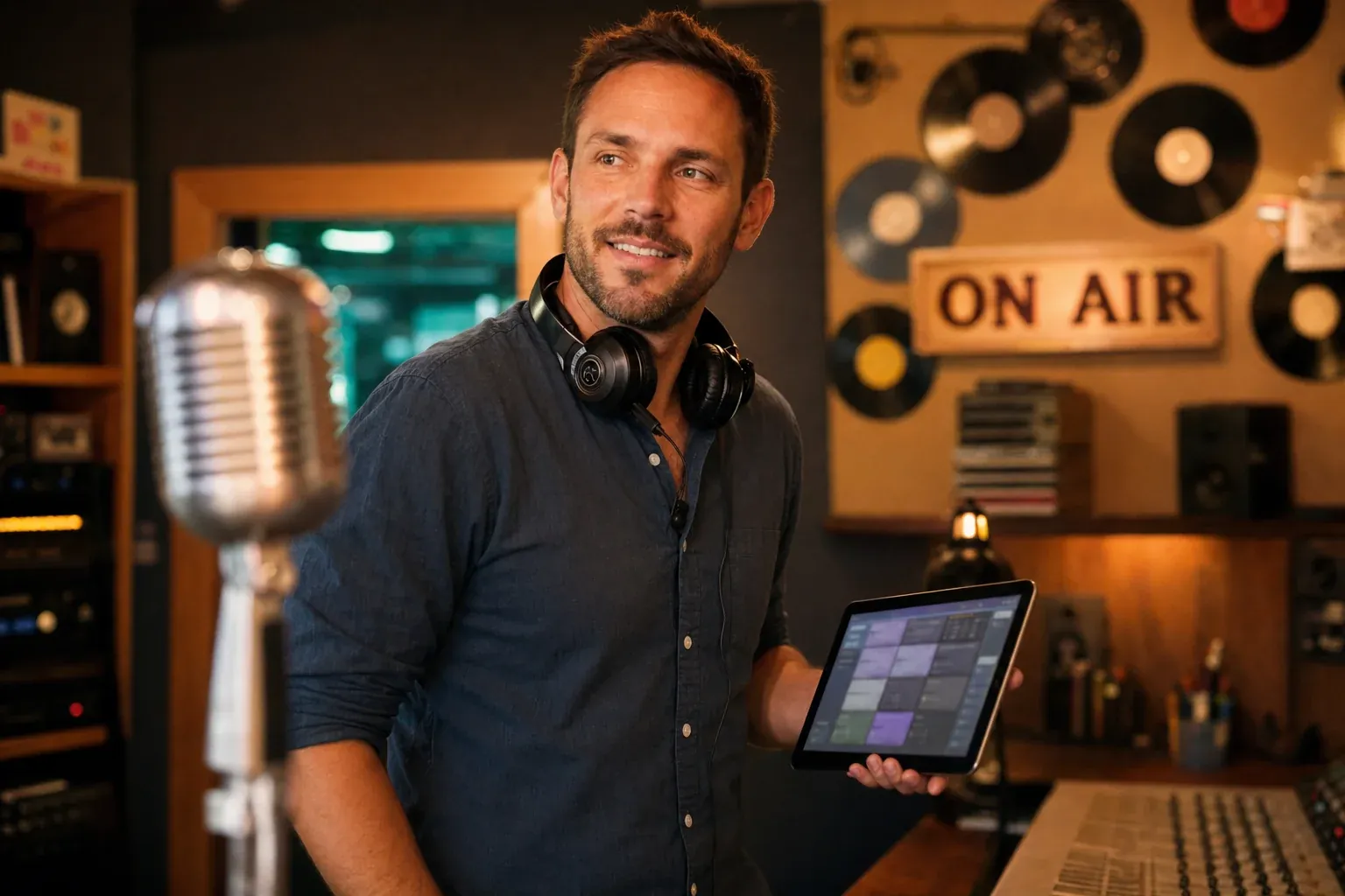Confident small market radio host reviewing AI-curated show prep on a tablet before going on air with vintage broadcast microphone in foreground