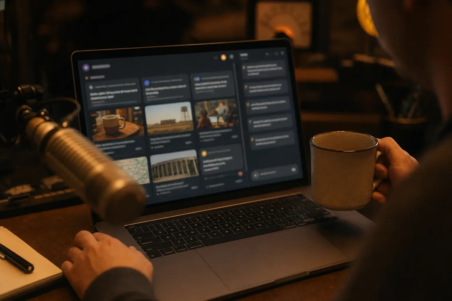 Solo radio host using AI-powered show prep tools on a laptop in a small-market broadcast studio with vintage microphone and warm lighting