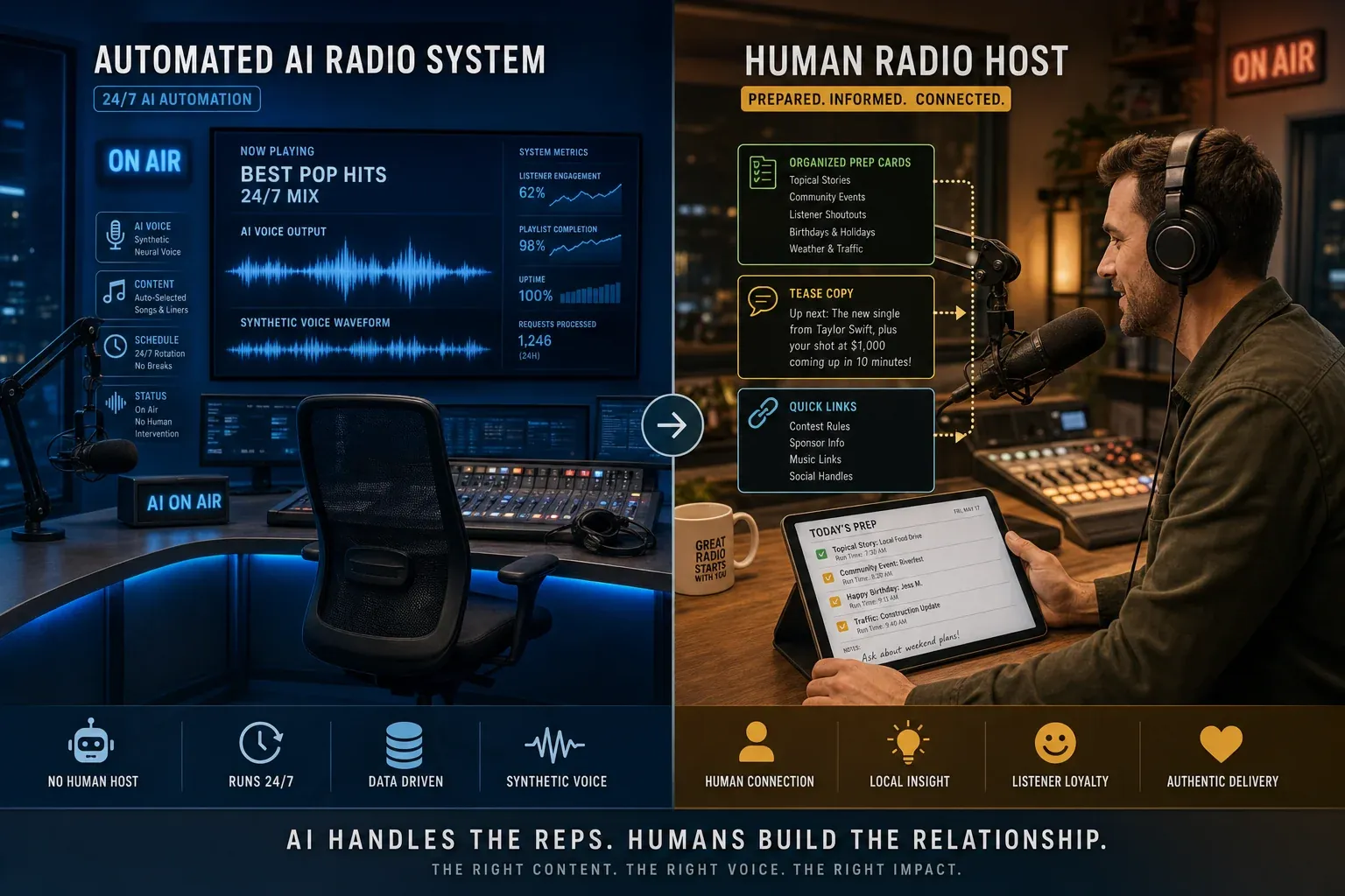 Conceptual diagram contrasting two AI radio workflows, one panel showing synthetic-voice automation filling airtime and the other showing a human host receiving organized content and prep cards on a tablet