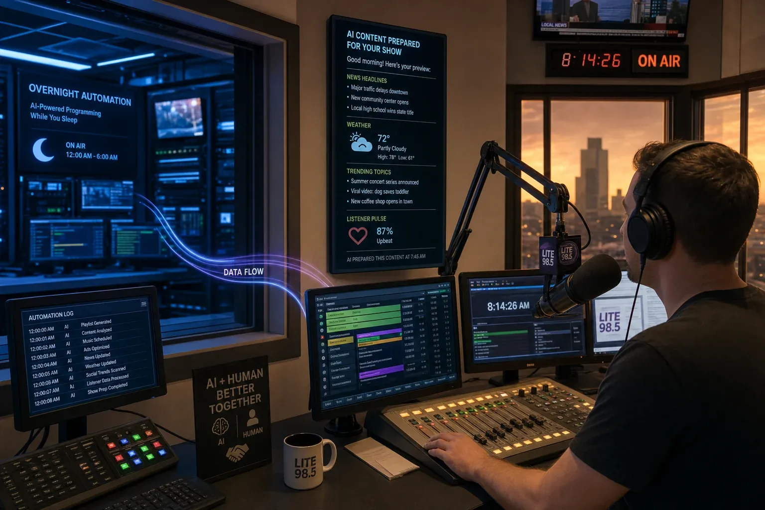 Modern radio cluster control room with a live morning-drive studio in warm amber light receiving AI prep on a tablet, and an automation rack in cool blue handling overnight programming, illustrating a hybrid AI deployment