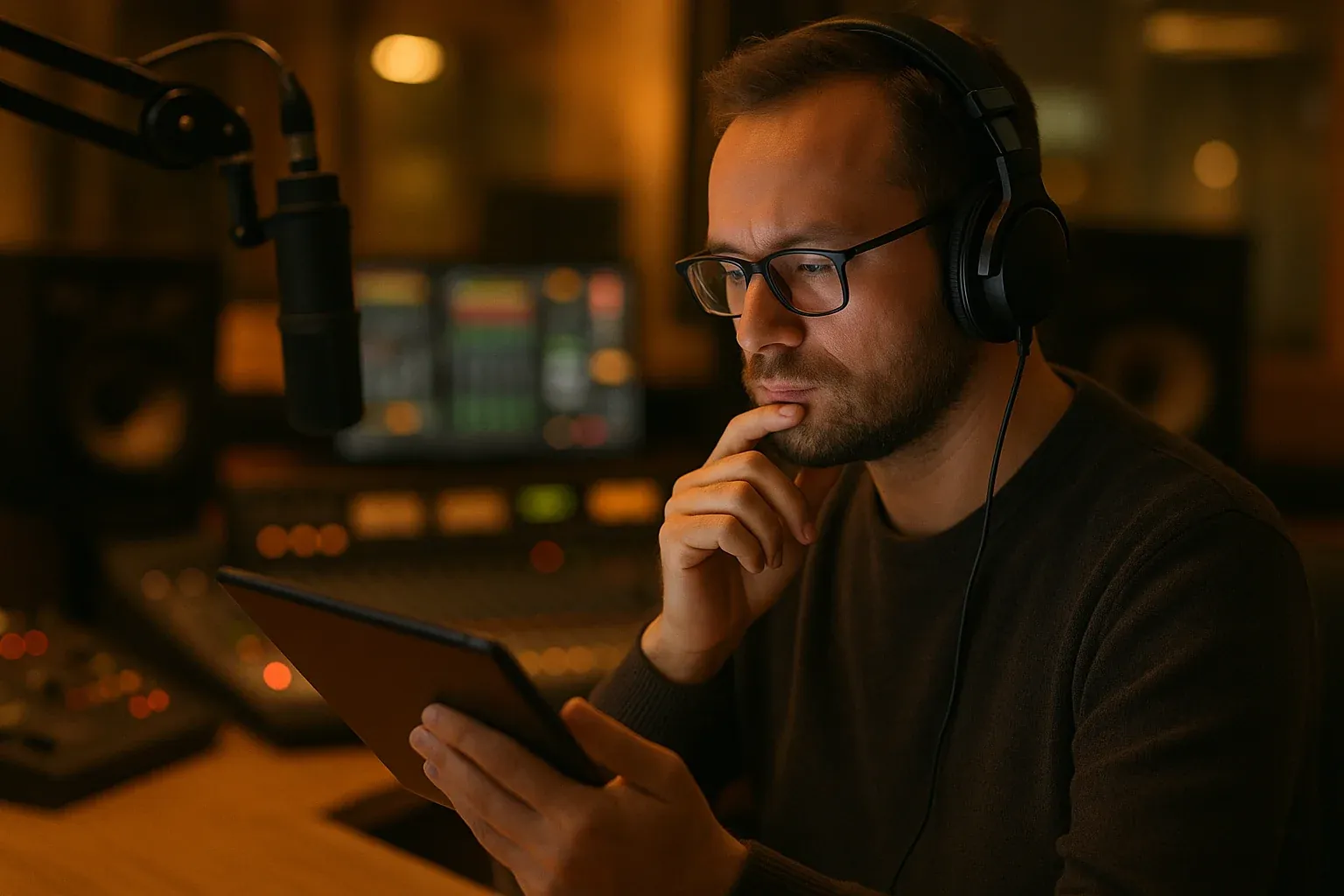 Audio production professional reviewing content on a tablet in a broadcast studio environment, representing radio professionals preparing for AI integration