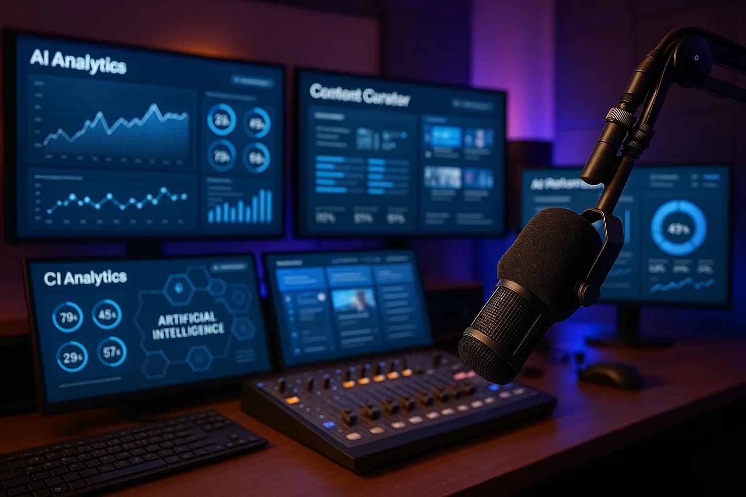 Modern radio broadcast studio with digital displays and AI-powered content tools representing the future of radio show prep technology