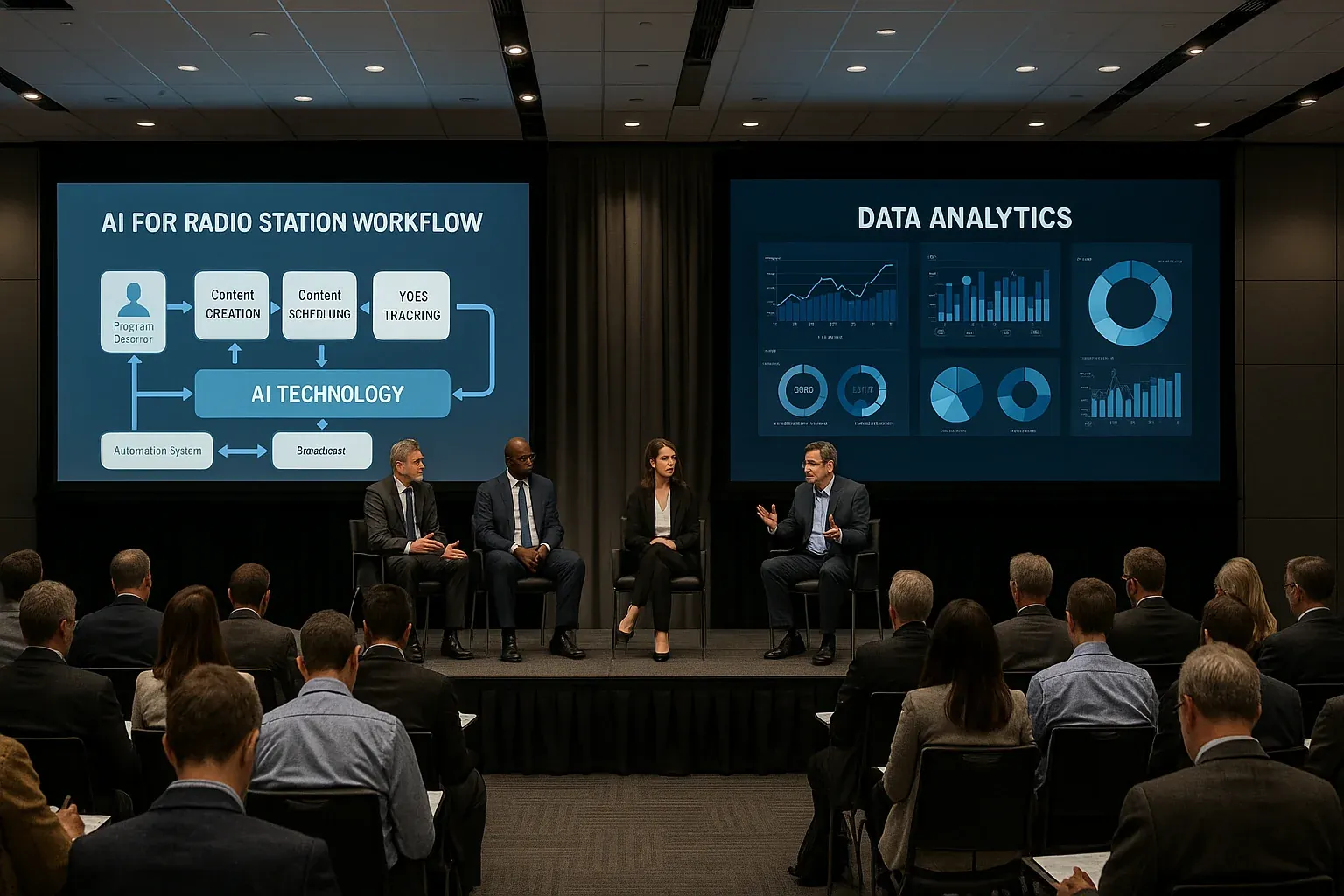Professional radio broadcasting conference with industry leaders discussing AI technology on stage with presentation screens showing station workflow diagrams