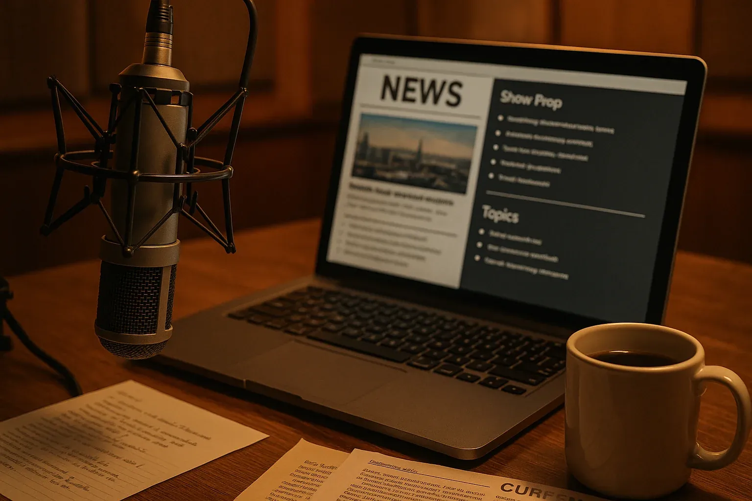 Close-up of a broadcast microphone next to a laptop screen displaying curated content in a radio studio, illustrating how AI tools integrate into daily show prep workflows