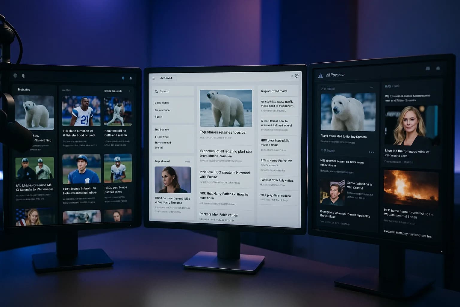 Split-screen comparison of three AI show prep platform dashboards on modern broadcast studio monitors