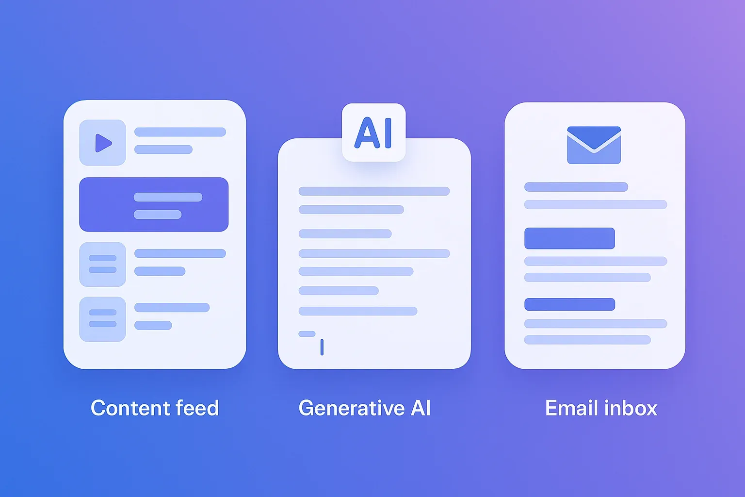 Three distinct AI approaches to radio show prep — curated content feeds, generative text creation, and automated show sheet delivery displayed on broadcast studio screens