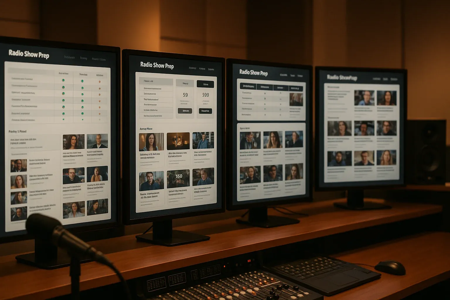 Multiple radio show prep service dashboards displayed side by side on screens in a modern broadcast control room