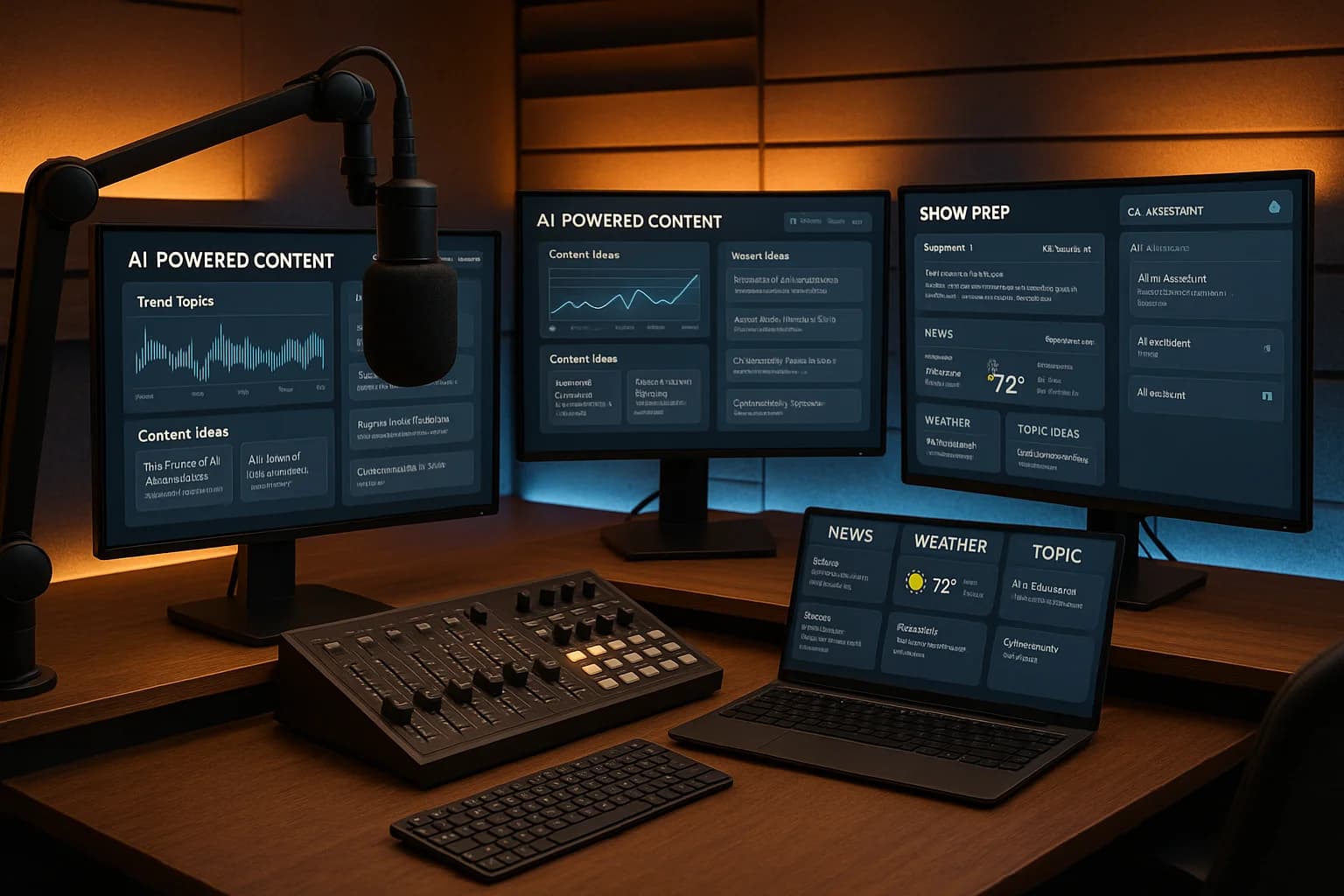 Modern radio broadcast studio with multiple screens displaying AI-powered content dashboards and show prep tools, warm amber studio lighting with subtle blue accent glow, professional broadcast desk with microphone, organized and tech-forward workspace