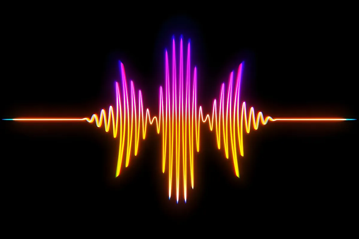 Abstract visualization of AI analyzing and processing audio content for radio broadcast with flowing blue data streams and sound wave patterns representing automated content curation