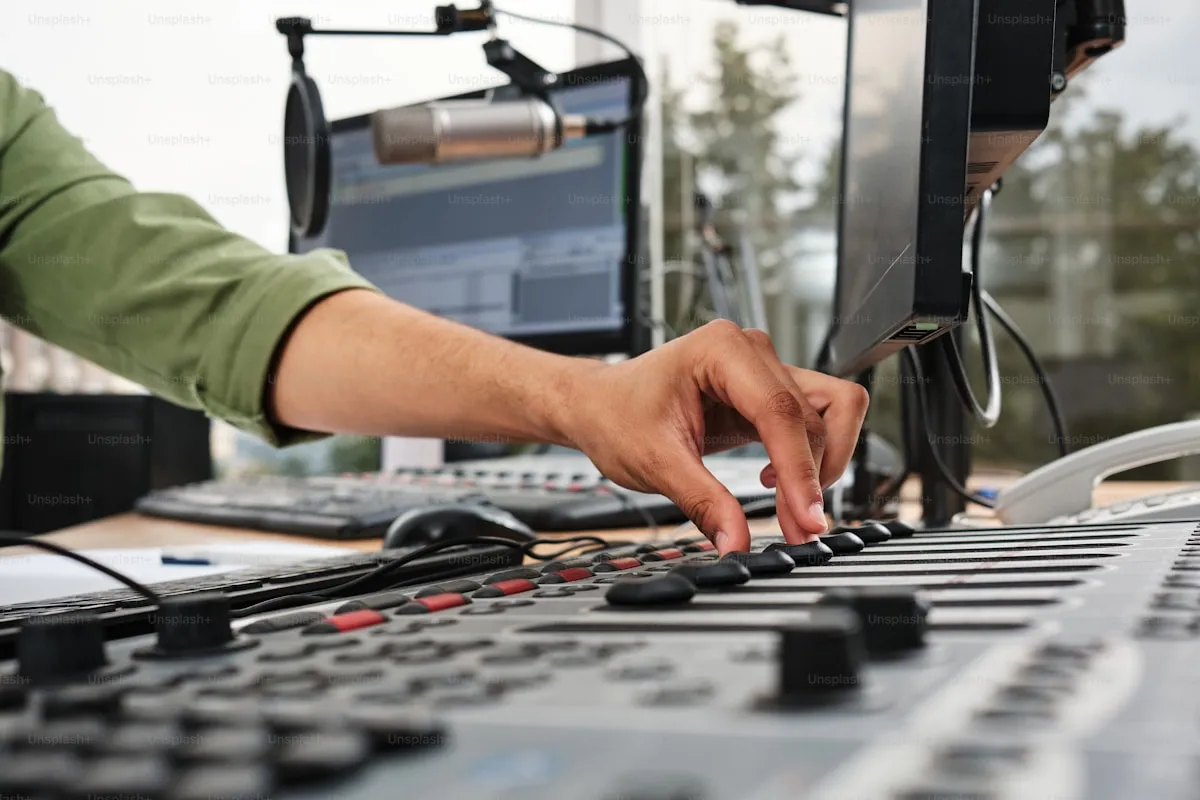 Radio production team reviewing content on digital displays in a modern broadcast control room, representing the workflow that AI helps simplify