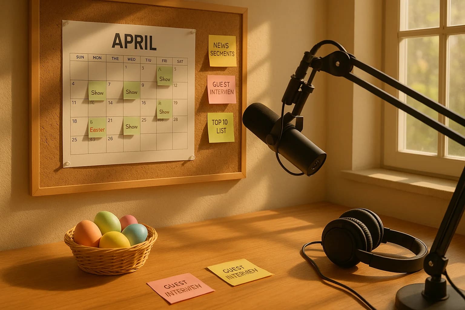 Professional radio broadcast studio desk with spring decorations, Easter eggs, and a content calendar pinned to a corkboard with warm natural lighting