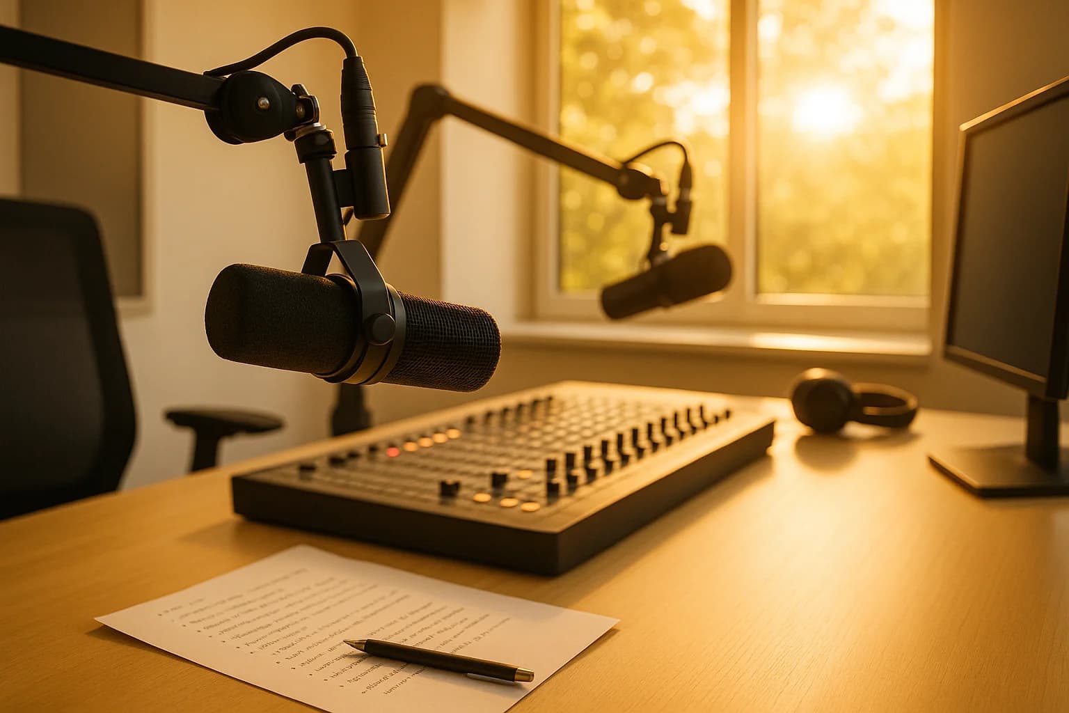 Professional radio broadcast studio with spring sunlight streaming through the window, close-up microphone in foreground, content notes on desk, warm morning golden light