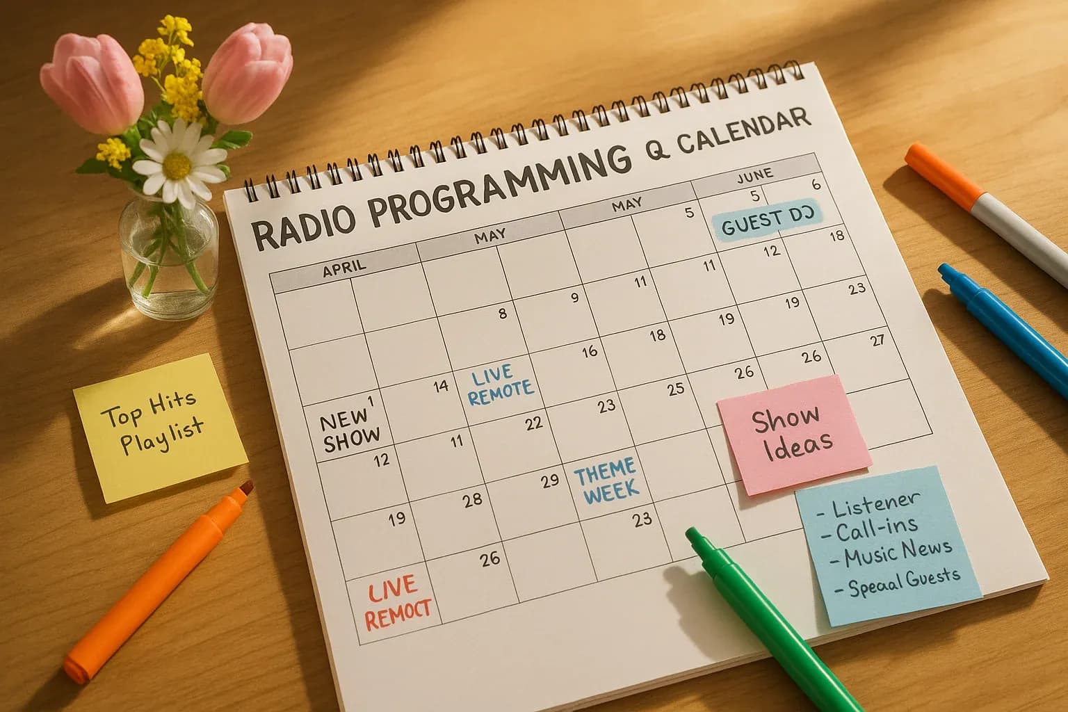 Radio programming calendar open on a studio desk with spring flowers in a small vase, planning notes and colored markers scattered around, Q2 content grid visible