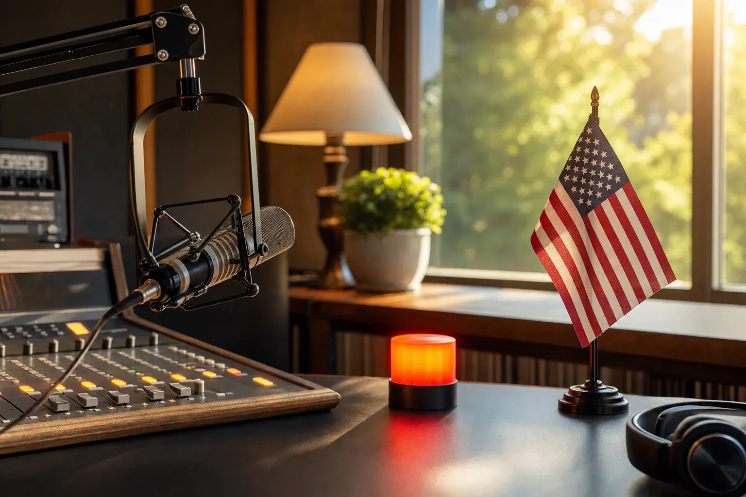Weekend radio studio with a broadcast microphone in warm natural light and subtle flag accents
