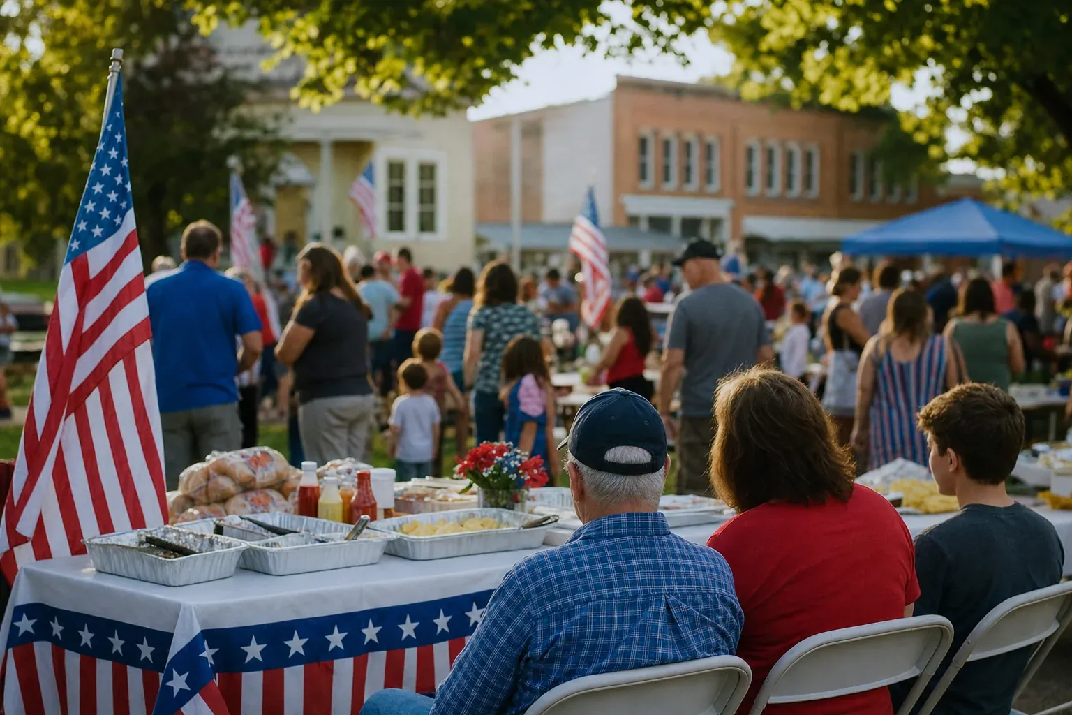 Base-town community appreciation event in warm afternoon light, modest and respectful composition
