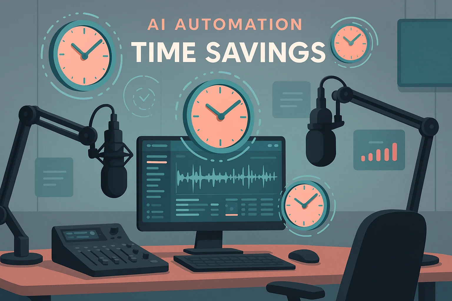 Modern radio studio with floating clock elements showing time savings and AI automation digital interface overlays in a professional broadcast environment