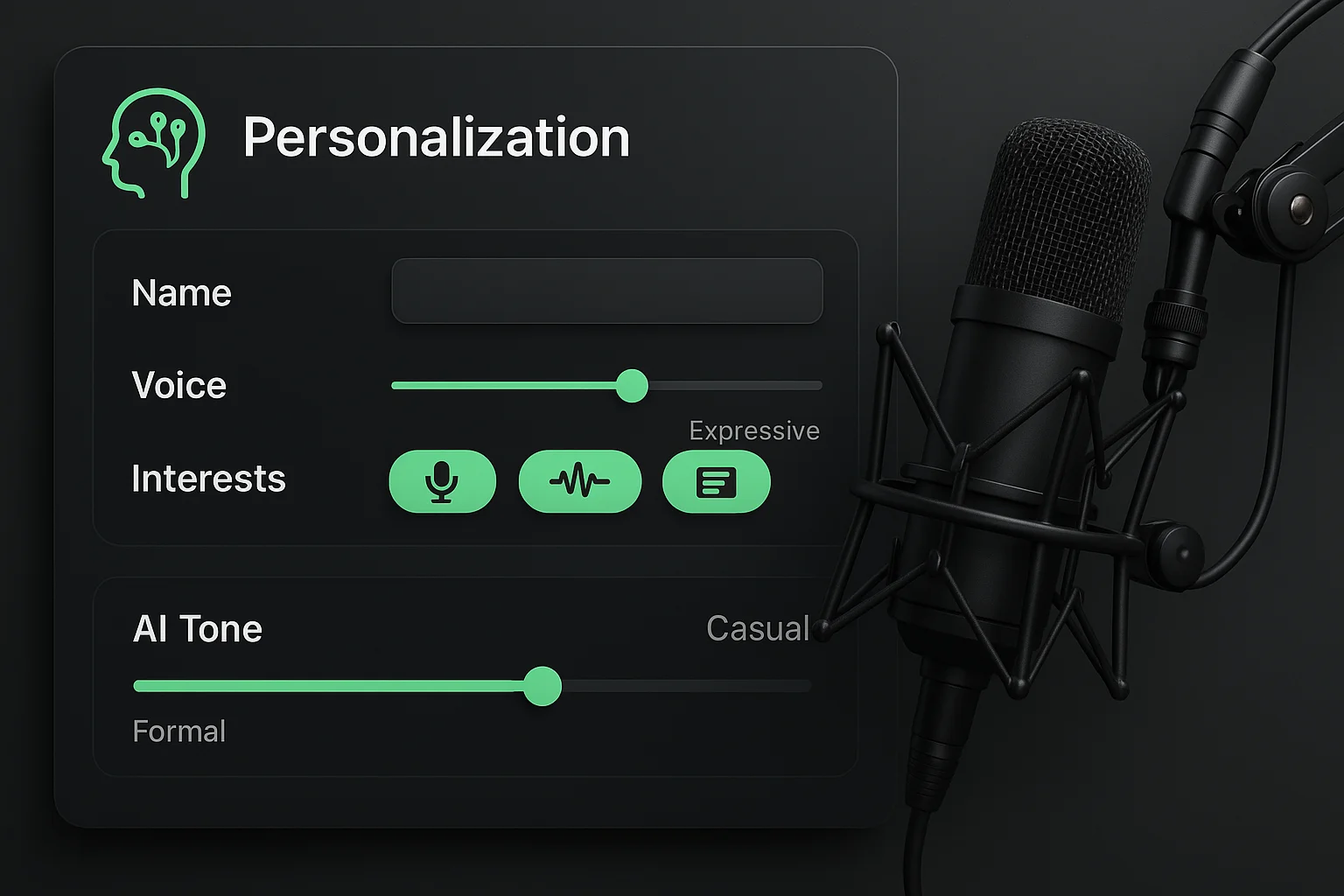 AI assistant personalization interface with radio microphone and green accent controls
