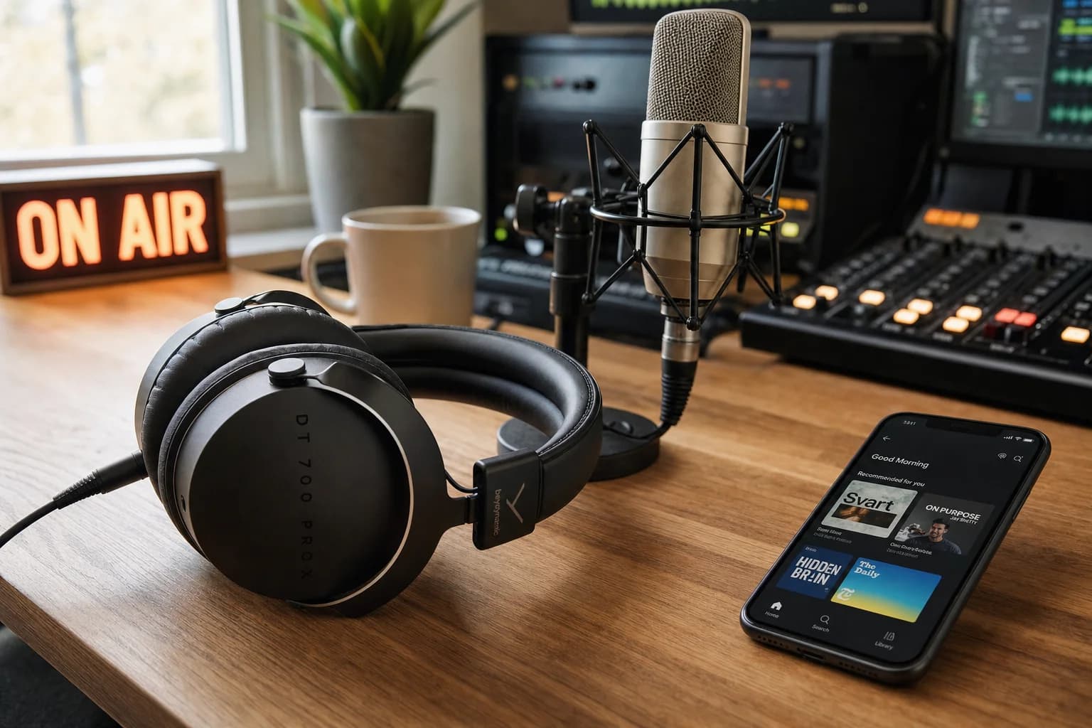 A pair of professional over-ear headphones resting on a tidy radio host's desk beside a microphone and a smartphone showing a podcast app in soft morning light, calm and editorial composition