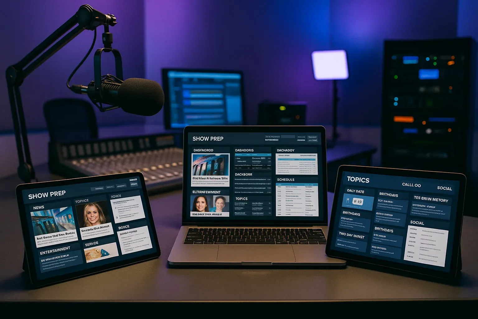 Modern radio broadcast studio desk with multiple tablets and laptops displaying different show prep service dashboards and interfaces