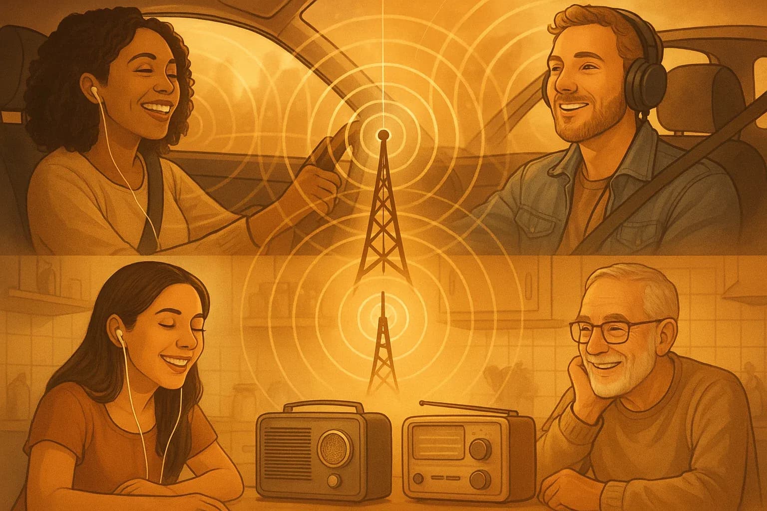 Diverse group of radio listeners in different everyday settings like cars and kitchens all smiling and engaged while listening to radio with warm golden lighting and sound wave overlays connecting them to a central broadcast tower