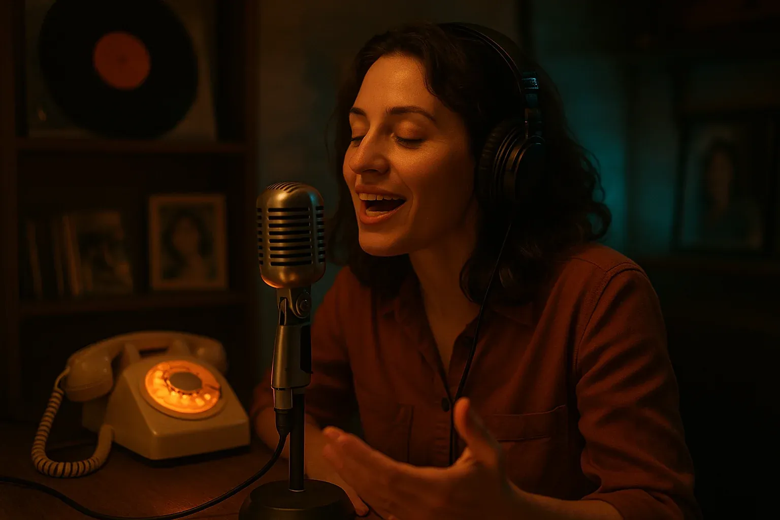 Radio host speaking warmly into a vintage broadcast microphone in an intimate studio with amber and teal accent lighting representing authentic listener connection