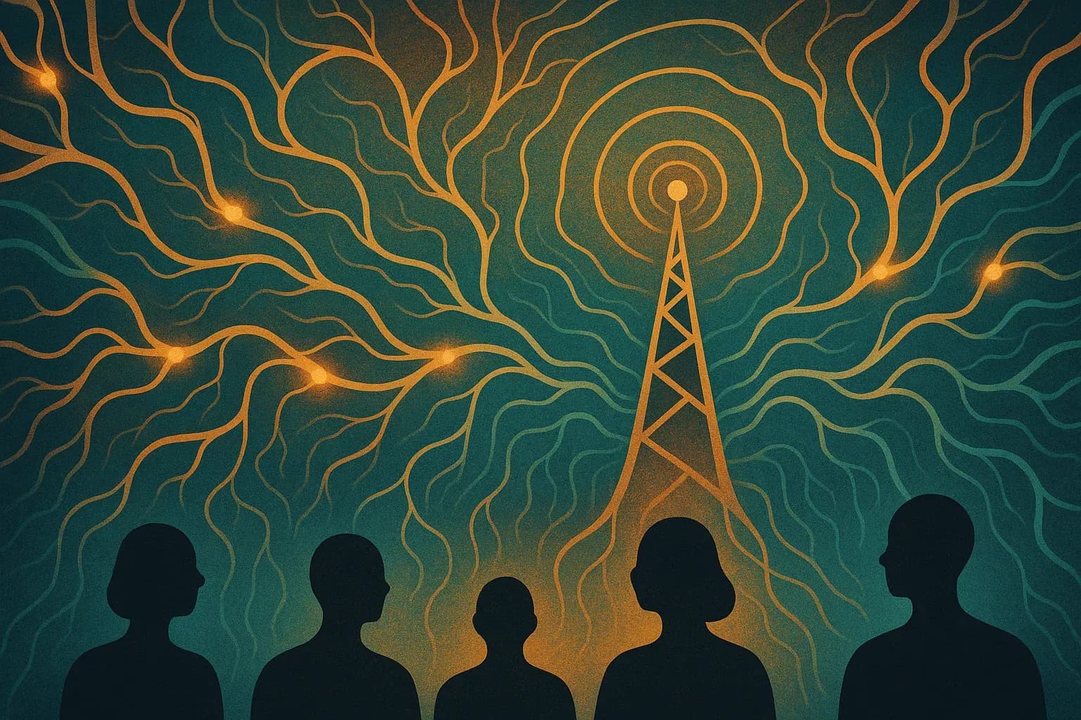Abstract visualization of neural pathways and sound waves connecting a glowing radio tower to silhouetted listeners in warm amber and teal tones representing the parasocial bonds between radio personalities and their audiences
