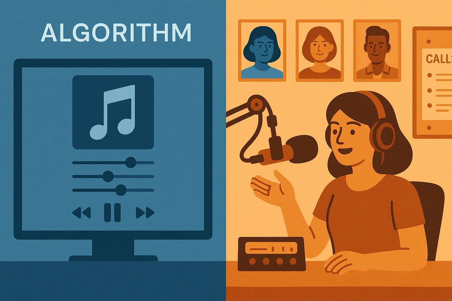 Split-screen comparison showing an impersonal algorithmic music interface versus a warm inviting radio studio with personality photos and listener call board contrasting cold technology with human connection