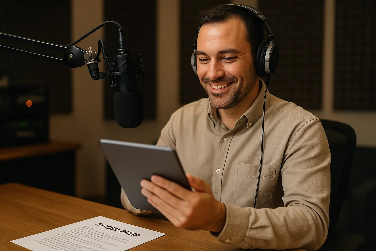 Confident radio host reviewing AI-organized show prep content on a tablet before going on air in a professional broadcast studio