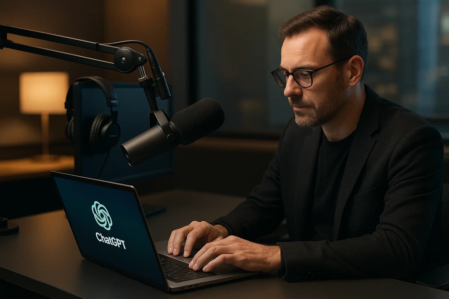 Radio host using ChatGPT on a laptop at a broadcast desk with studio microphone and headphones for AI-powered show prep