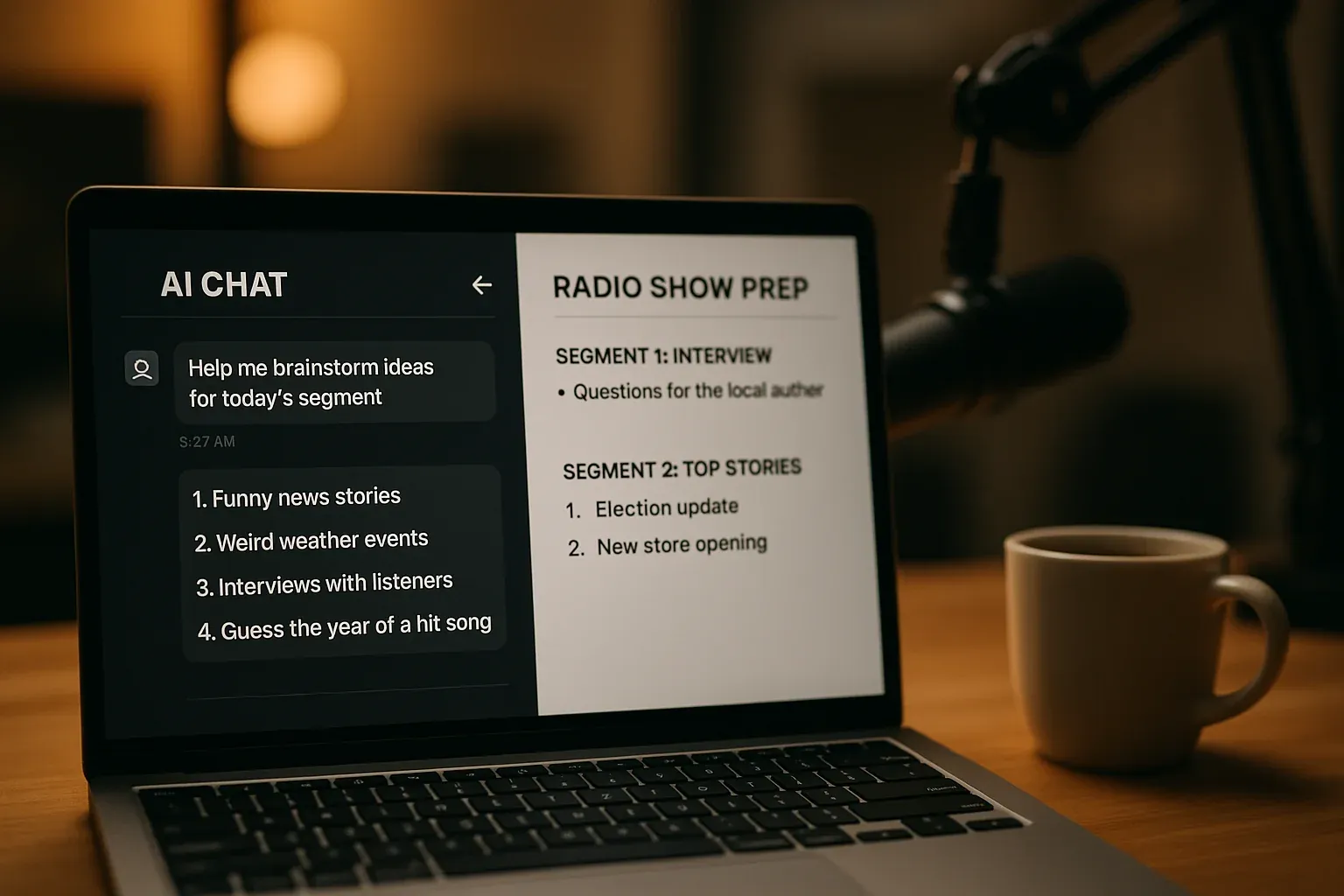 AI chat interface displaying radio show prep topic research with curated content suggestions on a laptop screen