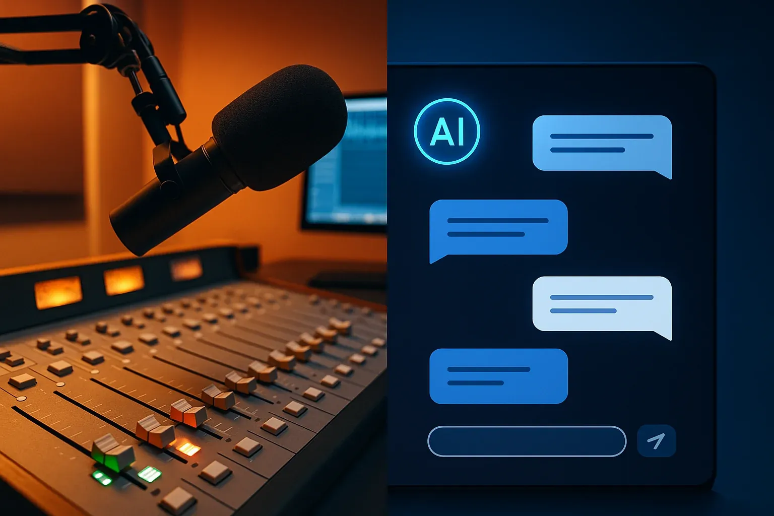 Split view of traditional radio studio equipment alongside modern AI show prep tools showing the evolution of content preparation
