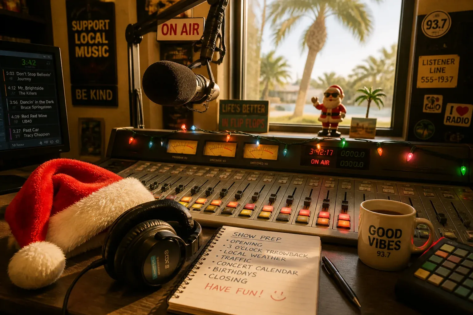 Radio studio console with a Santa hat resting beside headphones and prep notes, a strand of holiday lights, sunny window