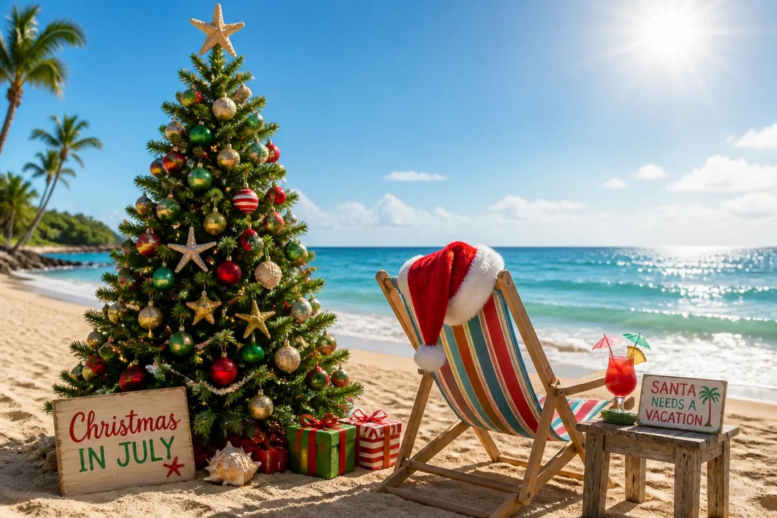 A decorated Christmas tree standing in beach sand under bright summer sun, a Santa hat resting on a beach chair