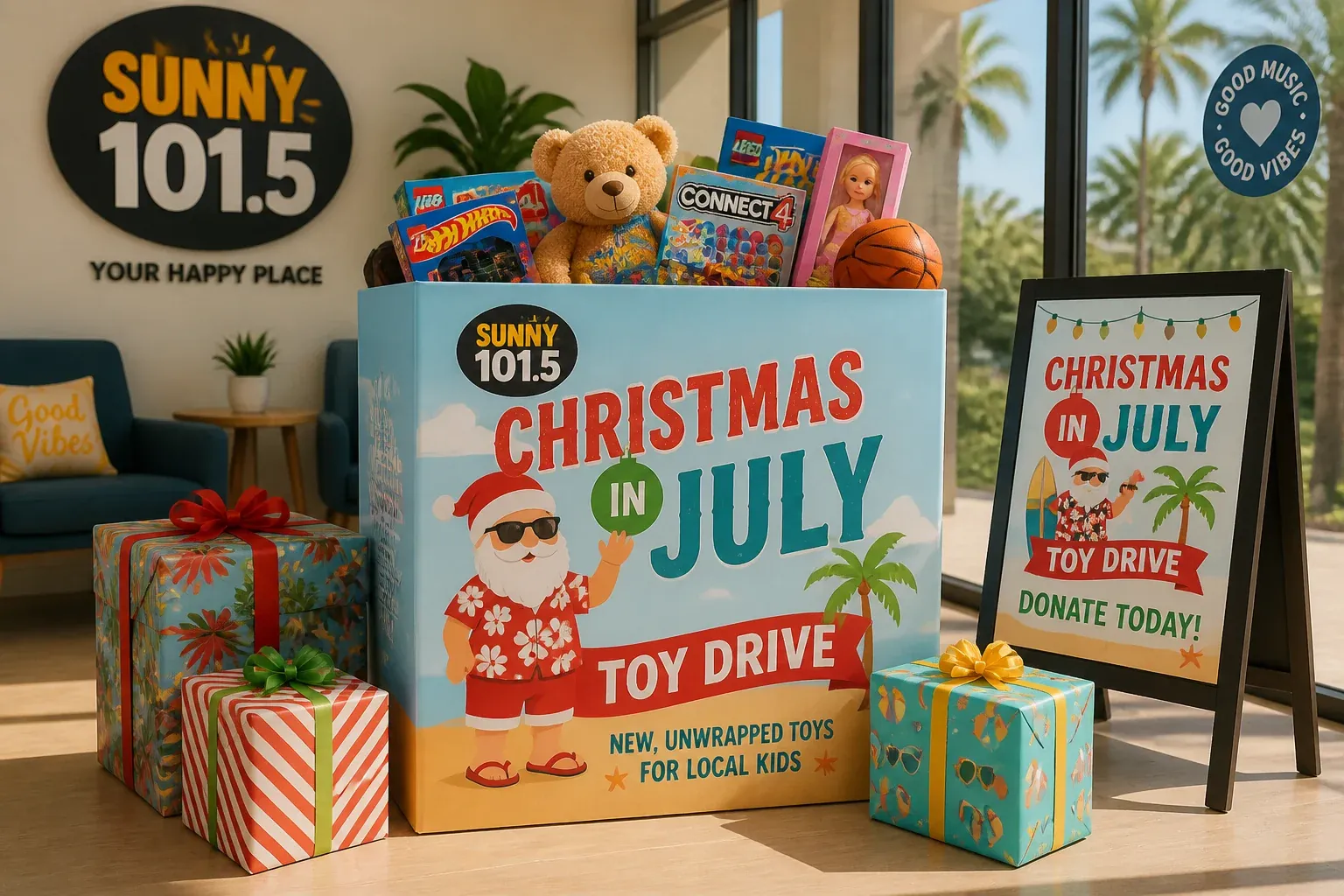 A radio station charity toy-drive collection bin with Christmas-in-July signage in a sunny studio lobby, wrapped gifts