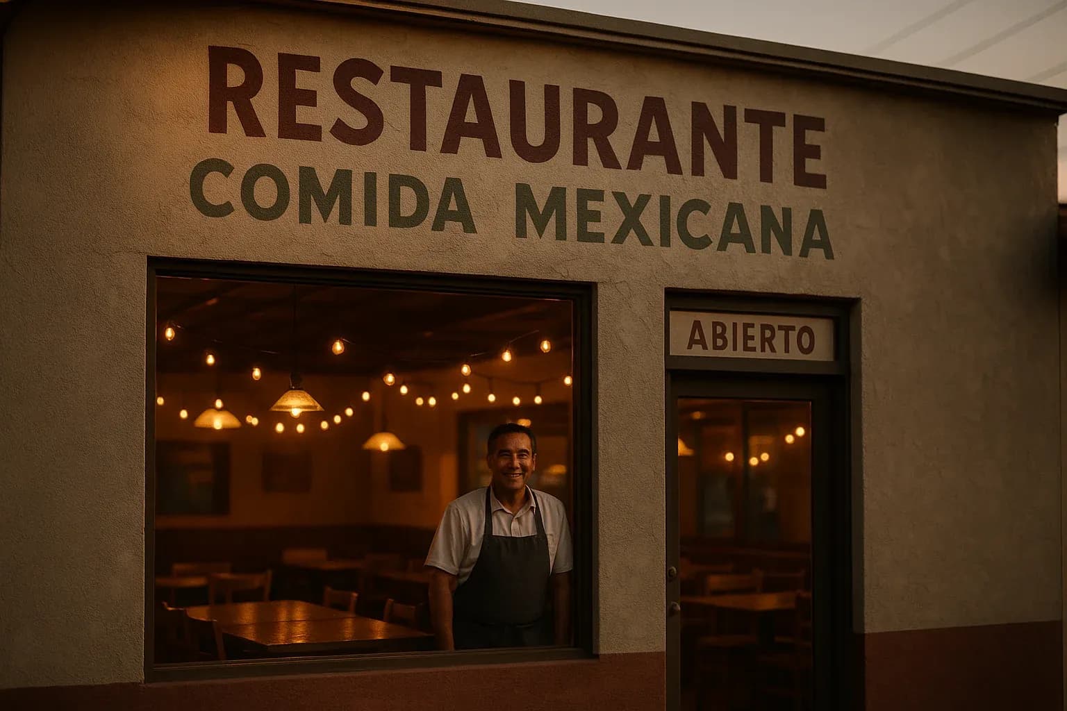 Warm documentary photograph of a Mexican-American family-owned restaurant at twilight with hand-painted Spanish-language signage and the owner visible in golden interior lighting, representing local-business spotlight content for Cinco de Mayo radio programming