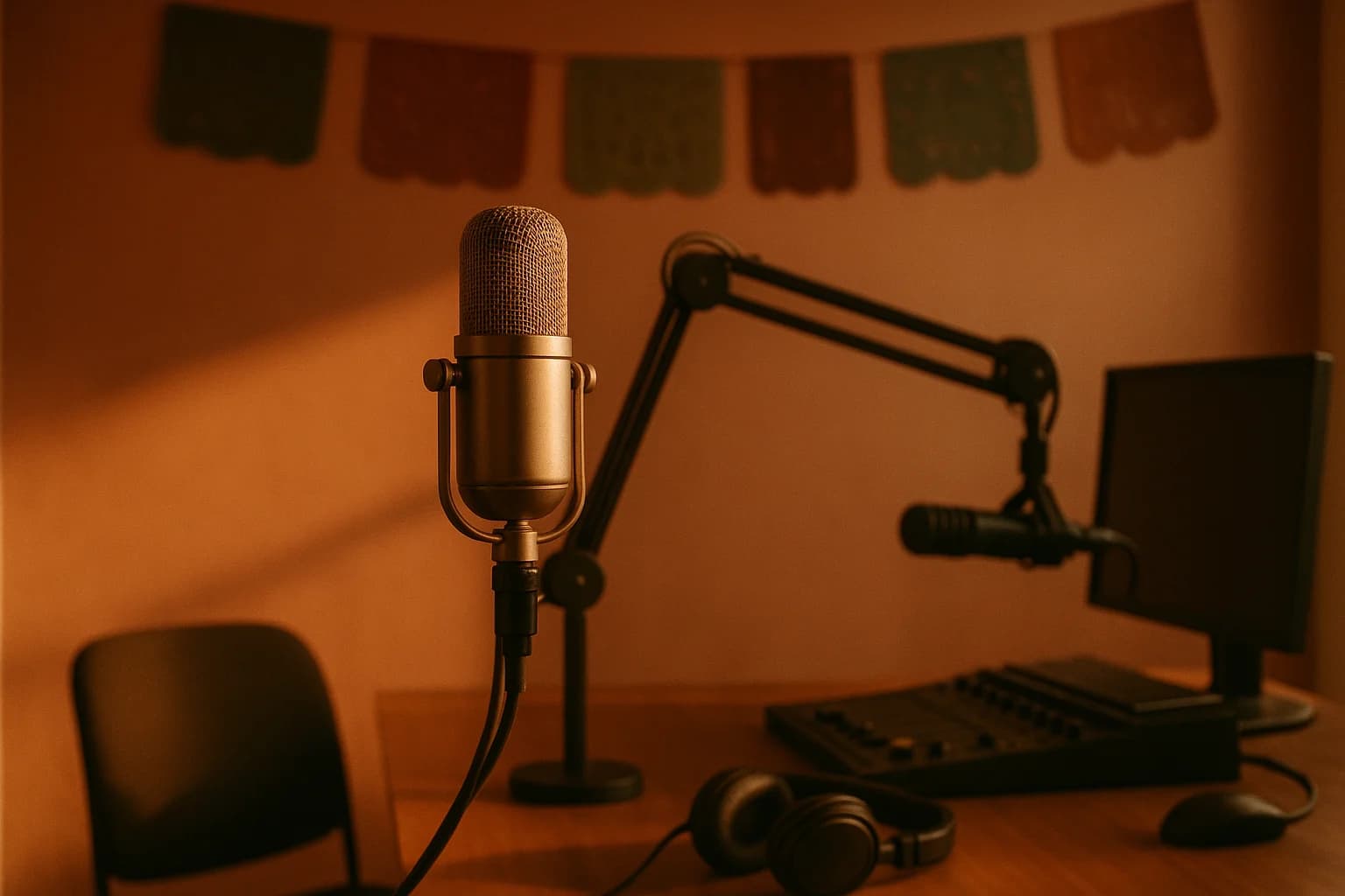 Professional radio studio microphone with warm terra cotta and gold lighting representing Cinco de Mayo cultural radio content and Mexican-American heritage programming