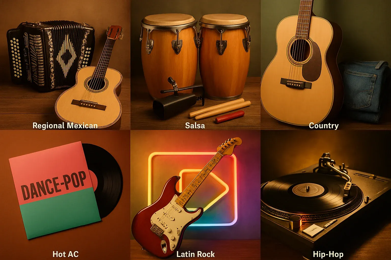 Editorial montage of six radio formats represented through their music and culture — regional Mexican accordion, salsa percussion, country acoustic guitar, Hot AC pop, Latin rock, and hip hop turntable — in warm earth tones for Cinco de Mayo programming
