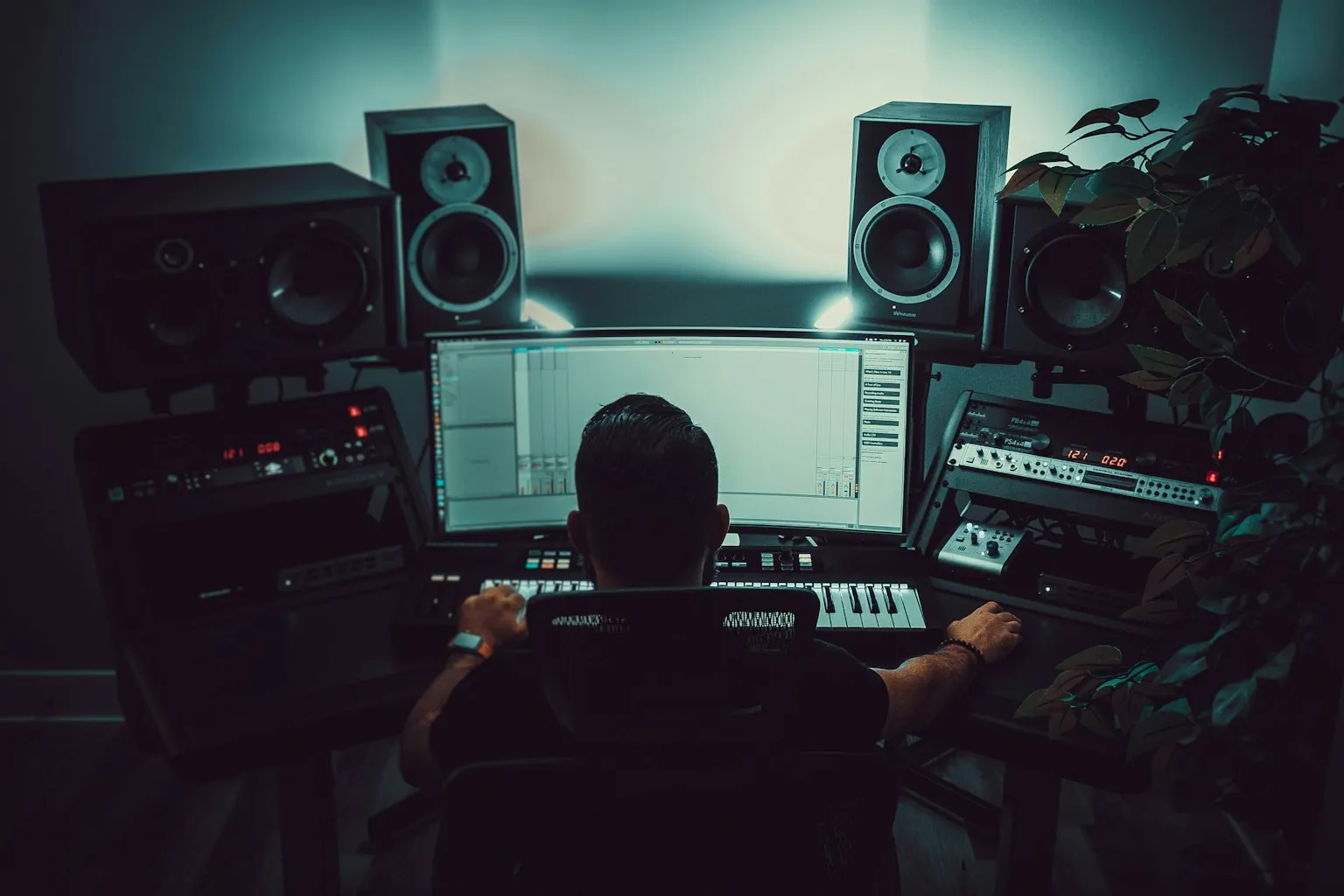 Audio professional working at a production studio workstation with monitors, speakers, and broadcast equipment for radio content creation