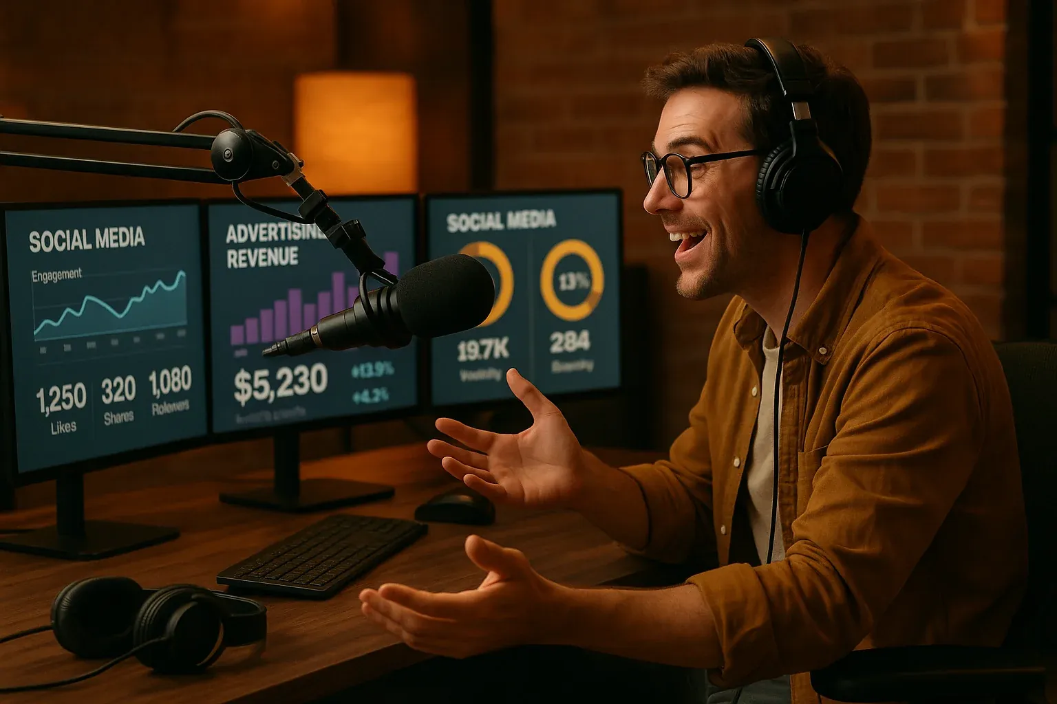 Radio talent creating engaging content at a modern broadcast desk with multiple screens showing social media engagement metrics and advertising revenue data in warm studio atmosphere