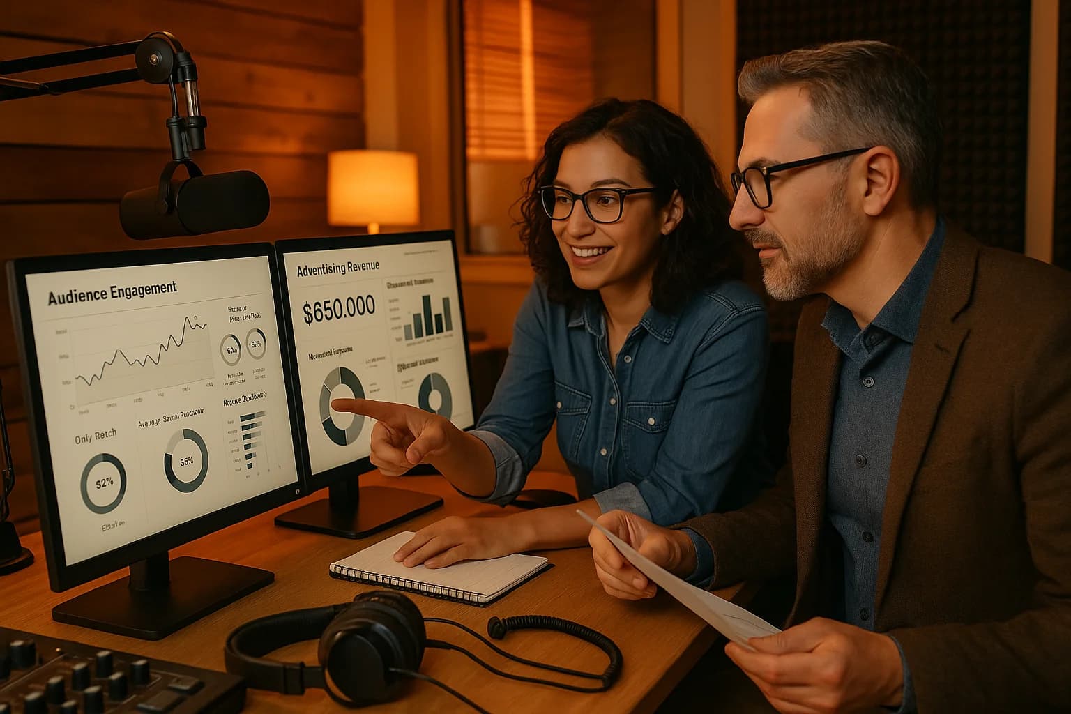 Radio programming director and sales manager collaborating over audience data and revenue charts in a modern broadcast studio with warm amber lighting