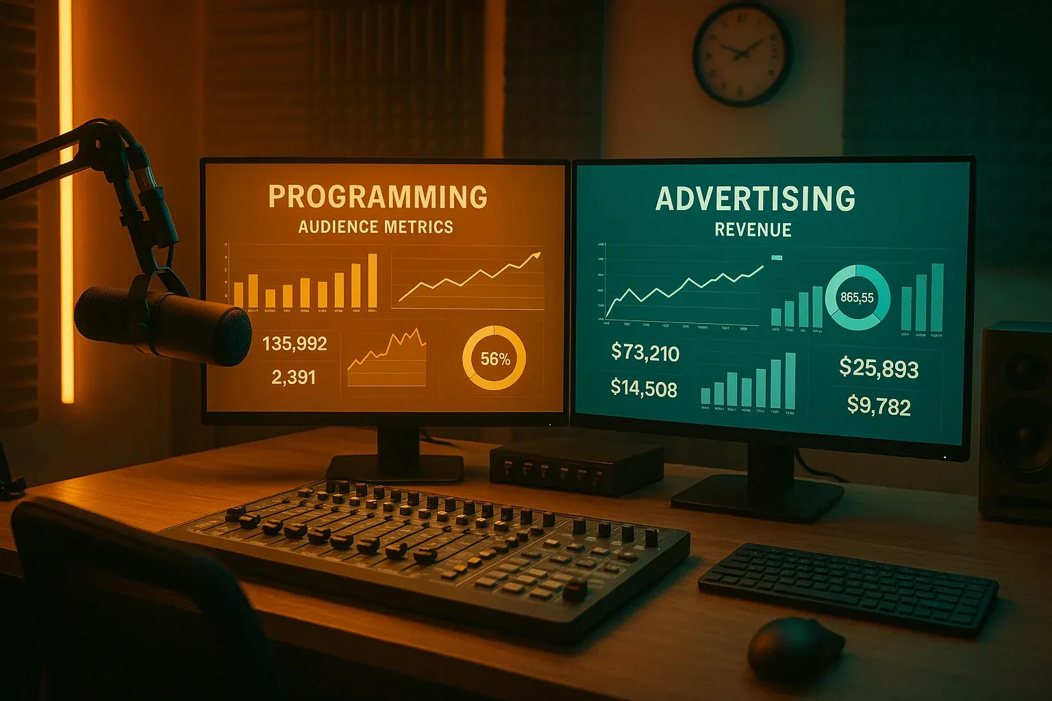 Modern radio control room with split screen view showing programming audience metrics on one monitor and advertising revenue dashboards on another representing the bridge between content creation and commercial success