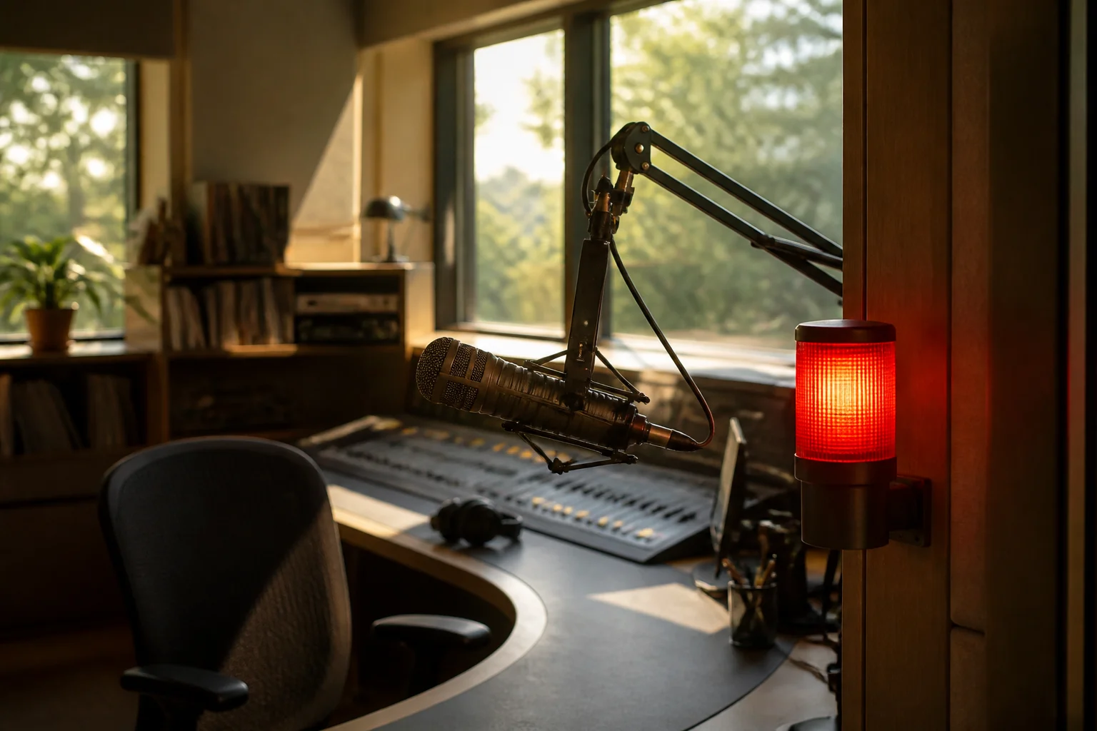 A single on-air light glowing in a calm, sunlit studio during a slow late-summer afternoon shift