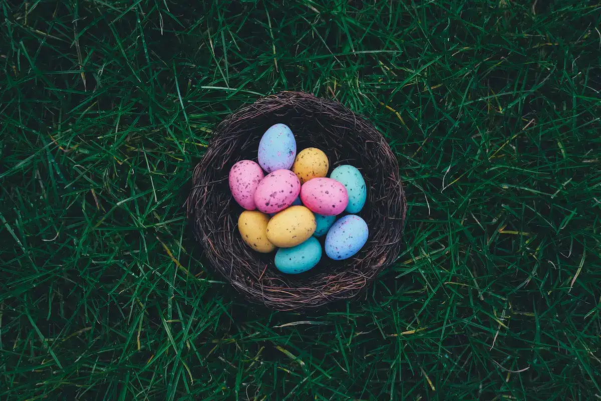 Colorful decorated Easter eggs nestled in a natural brown nest symbolizing spring radio content opportunities and seasonal programming